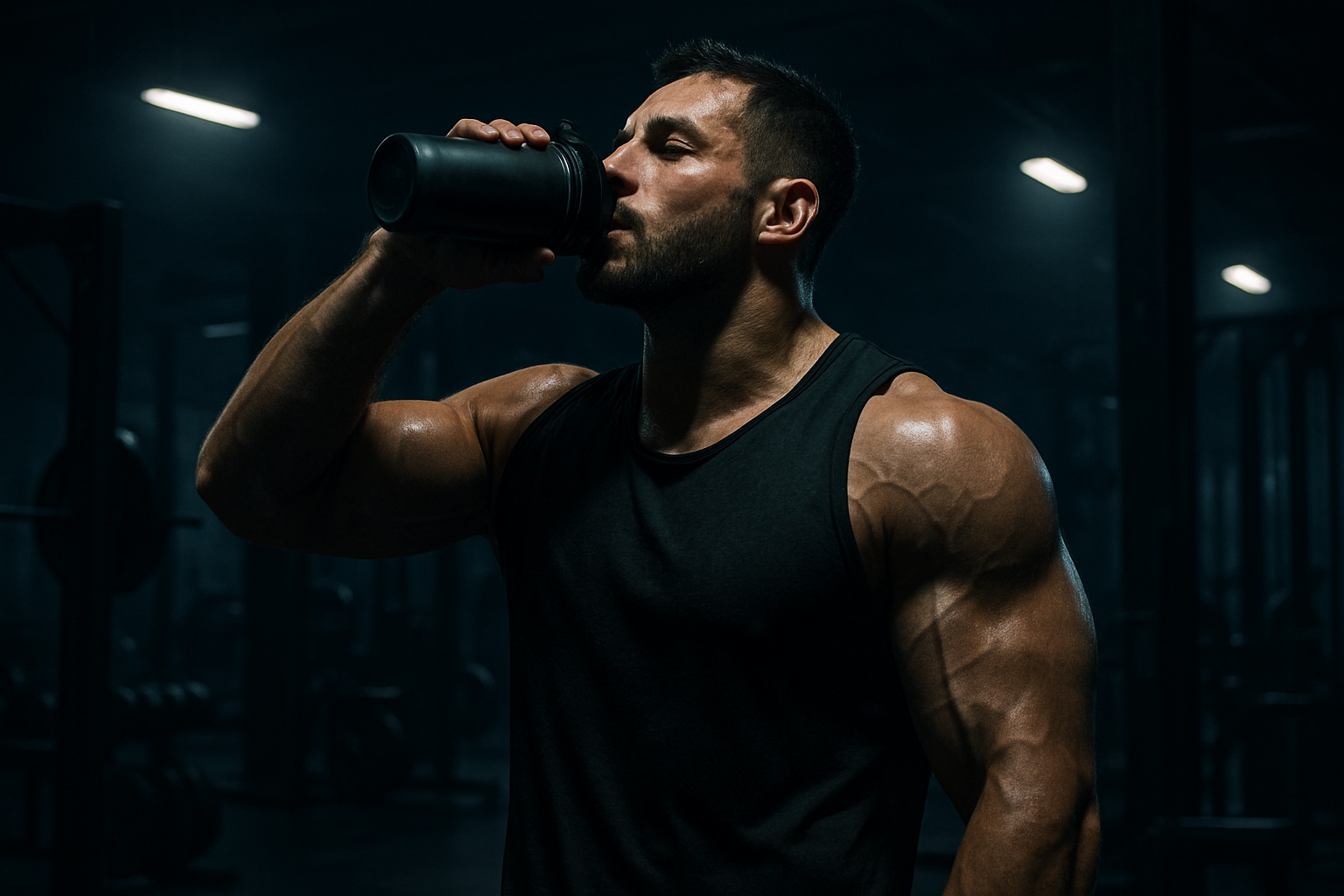 give me a athlete picture he is in the gym and drinking protein shake in the gym dark theme