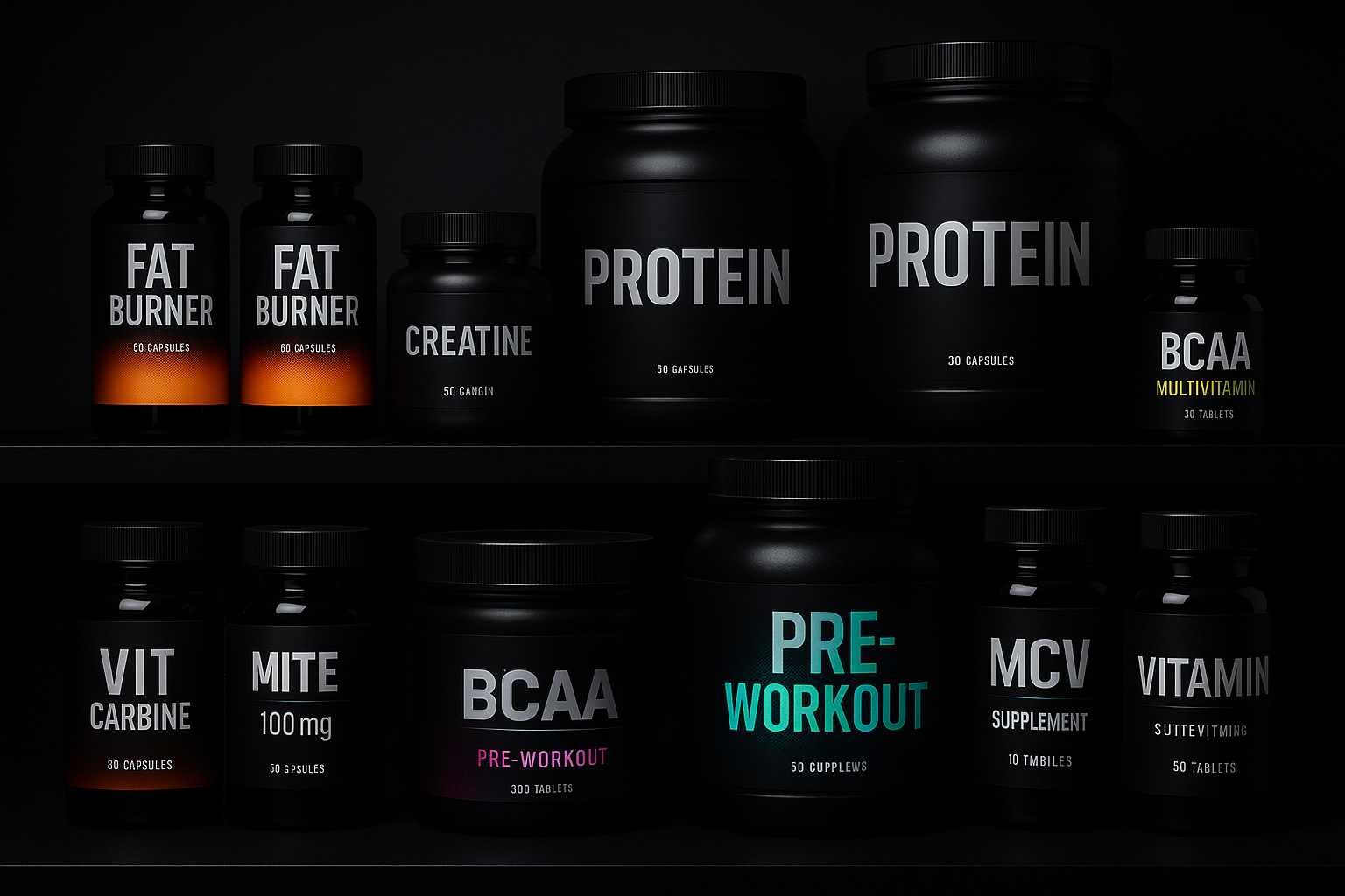 Give me a pic showing all collections of supplements like fatburner, proteins, creatine, preworkouts etc. in dark theme 