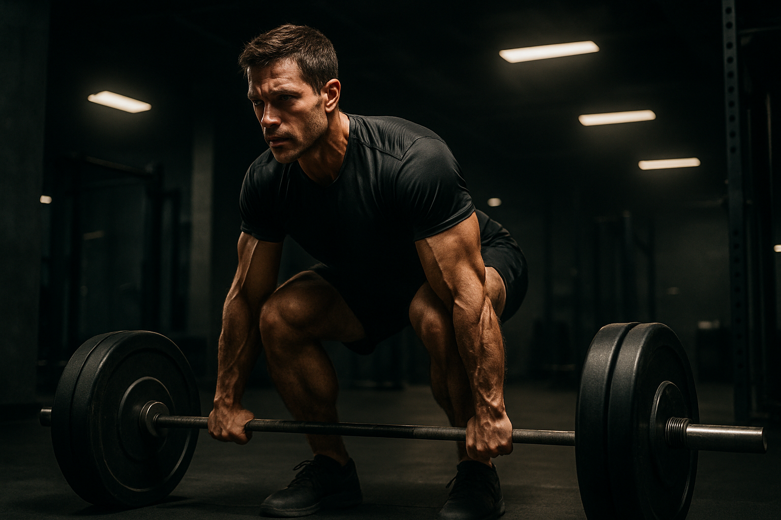 please give me a real person doing fitness training in gym full realistic in dark theme